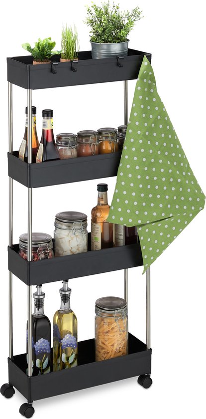 Chariot de cuisine Relaxdays 4 niveaux - étagère de rangement sur roulettes - étagère de rangement - étagère de salle de bain - noir