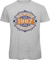 1987 The One And Only | Feest Kado T-Shirt Heren - Dames | Donker Blauw - Goud | Perfect Verjaardag Cadeau Shirt | Grappige Spreuken - Zinnen - Teksten | Maat M