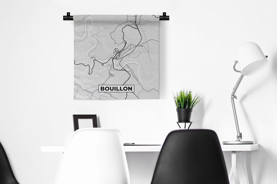 Wandkleed - Wanddoek - Zwart Wit – België – Plattegrond – Stadskaart – Kaart – Bouillon - 60x60 cm - Wandtapijt