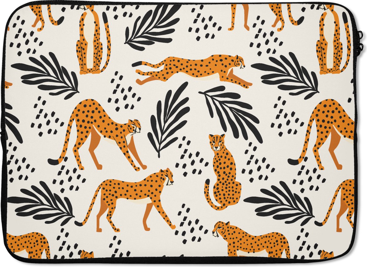 Laptophoes 14 inch - Patronen - Bladeren - Jachtluipaard - Laptop sleeve - Binnenmaat 33x23 cm - Zwarte achterkant