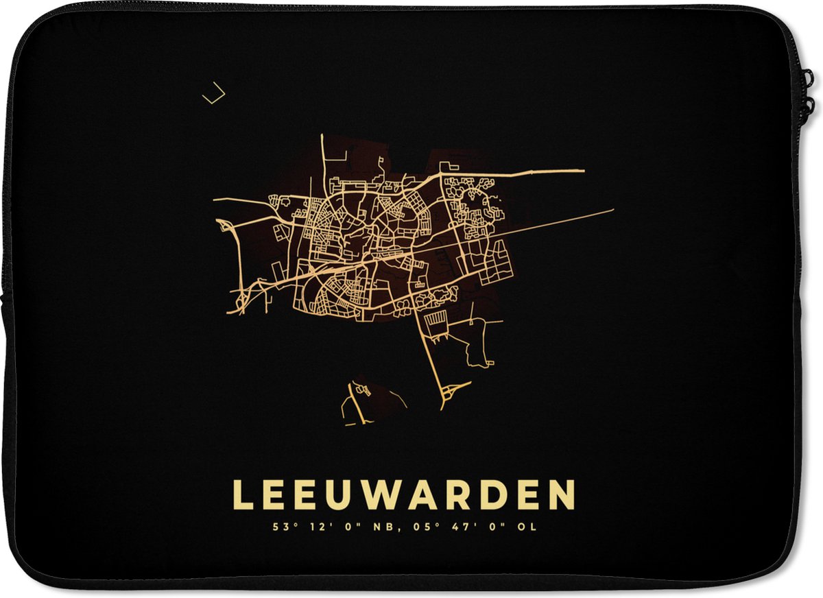 Laptophoes 14 inch - Leeuwarden - Kaart - Stadskaart - Plattegrond - Laptop sleeve - Binnenmaat 33x23 cm - Zwarte achterkant - Stadskaart