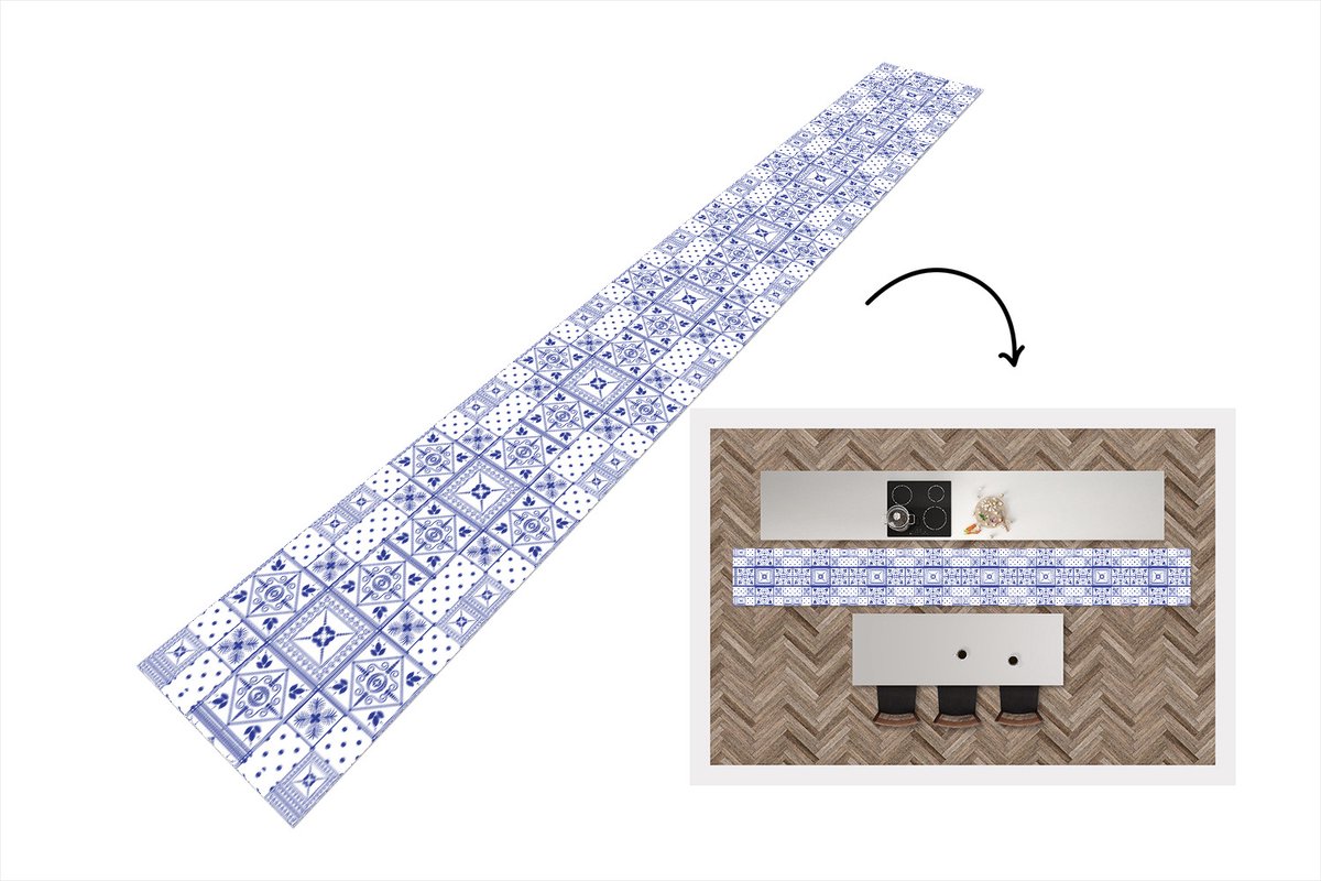 KitchenYeah Keukenloper - Keukenmat - Tegels - Patronen - Delfts Blauw - 400x50 cm - Keuken vloerkleed Multicolor