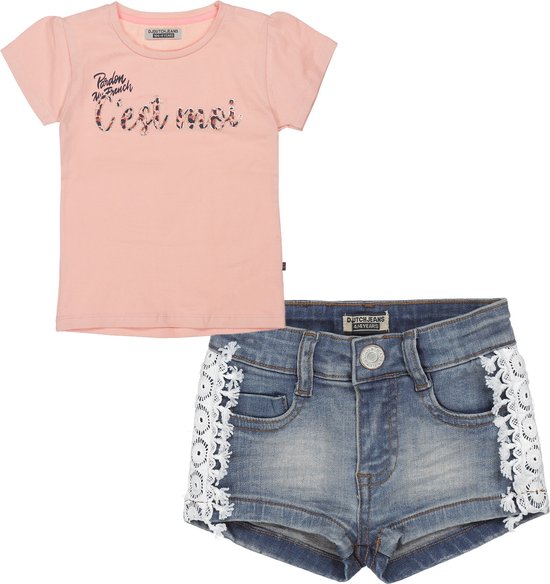 DJ Dutchjeans - Kledingset(2delig) - Jeans Short met kant - Shirt oudroze met tekst - Maat 110