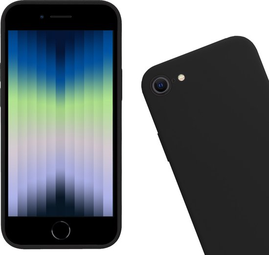 Zwarte telefoonhoes met een scherm met verticale strepen in blauw, groen en paars, en de achterkant van een identieke zwarte hoes.
