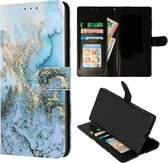 HB Hoesje Geschikt voor Samsung Galaxy A40 met Print - Portemonnee Book Case - Kaarthouder & Magneetlipje - Marmer Blauw