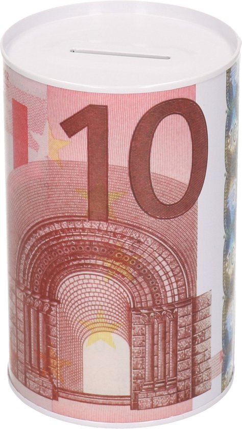 Spaarpot met opdruk van een 10 euro biljet, 8 x 13 cm.