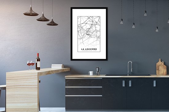Cadre photo avec Poster Zwart Wit- België - La Louvière - Plan de ville - Carte - Zwart Wit - Carte - 60x90 cm - Cadre pour poster