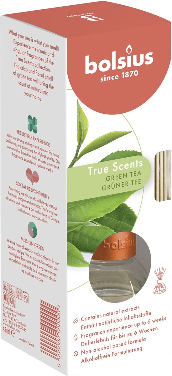 Bolsius geurstokjes groene thee - green tea geurverspreider 45 ml True Scents