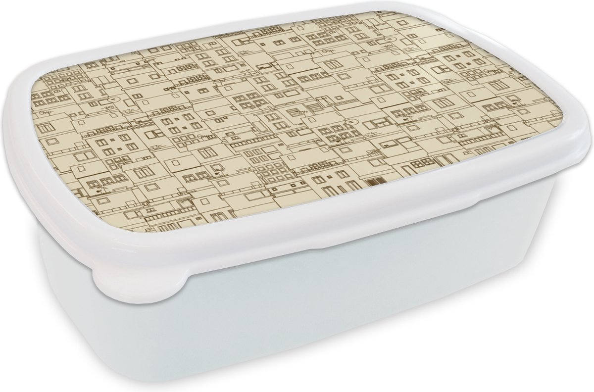Broodtrommel Wit - Lunchbox - Brooddoos - Patronen - Huis - Skyline - 18x12x6 cm - Volwassenen