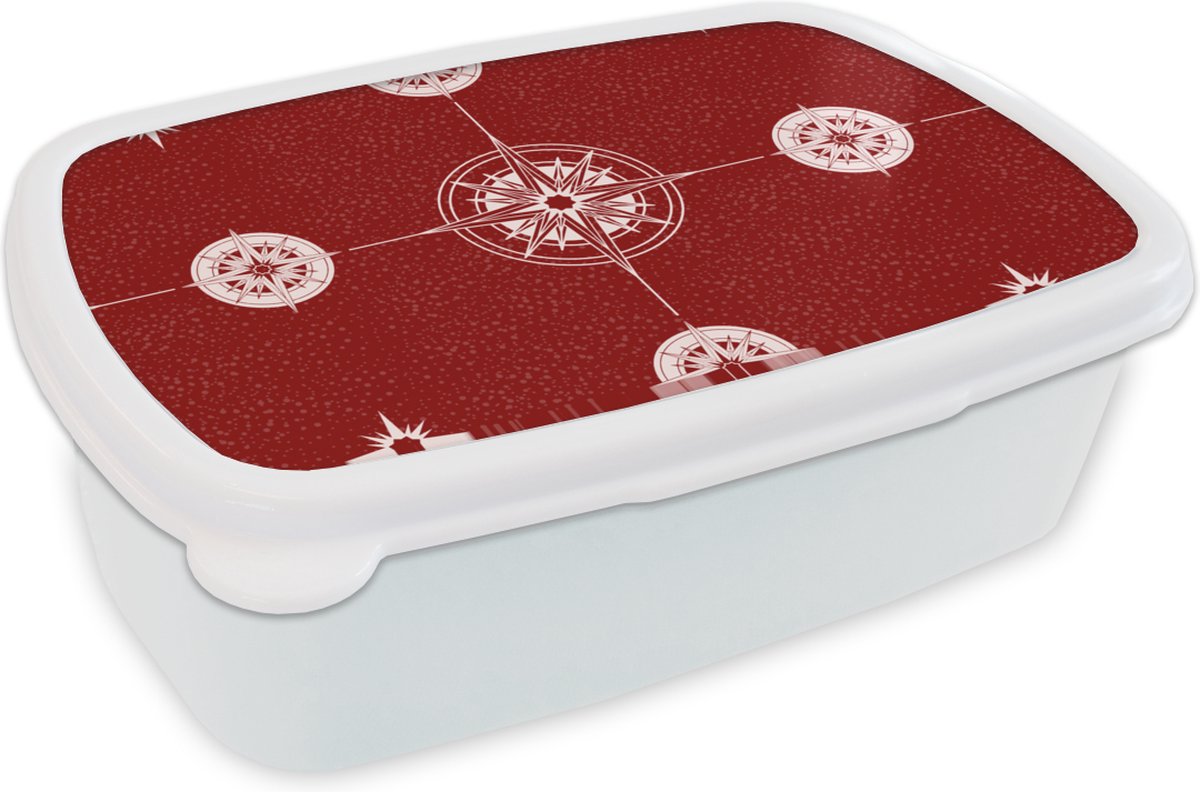 Broodtrommel Wit - Lunchbox - Brooddoos - Kompas - Reizen - Patronen - 18x12x6 cm - Volwassenen