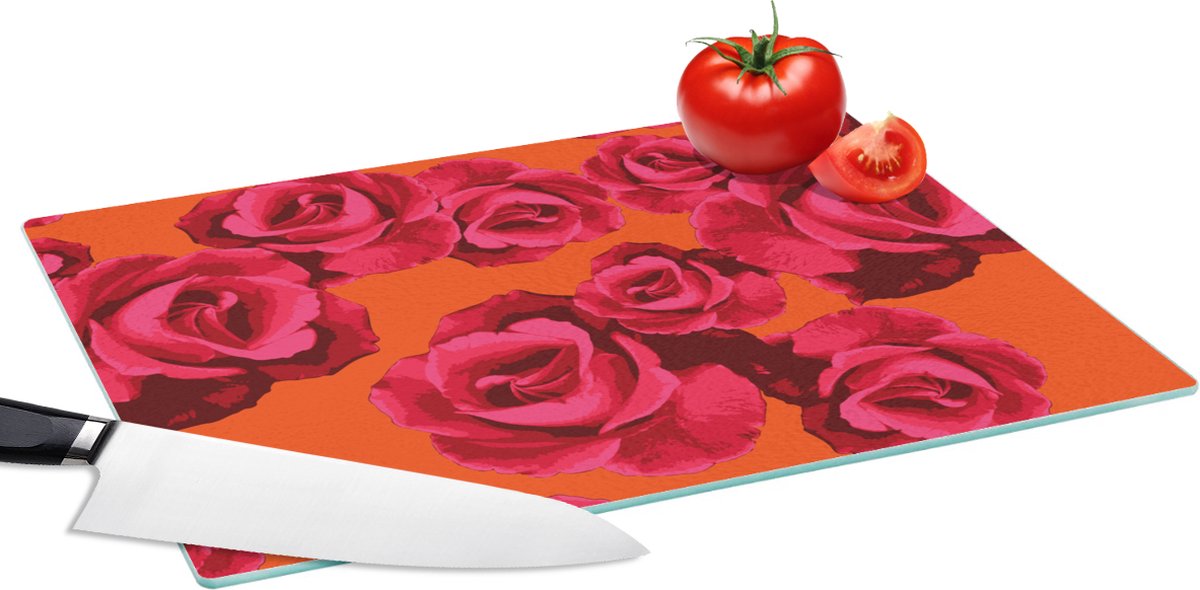 Glazen Snijplank - 39x28 - Rozen - Oranje - Patroon - Snijplanken Glas