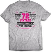 72 Jaar Legend - Feest kado T-Shirt Heren / Dames - Antraciet Grijs / Roze - Perfect Verjaardag Cadeau Shirt - grappige Spreuken, Zinnen en Teksten. Maat S