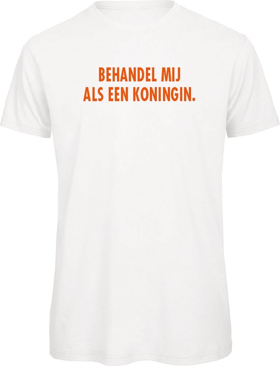 Koningsdag t-shirt wit M - Behandel mij als een koningin - soBAD. | Oranje shirt dames | Oranje shirt heren | Koningsdag | Oranje collectie