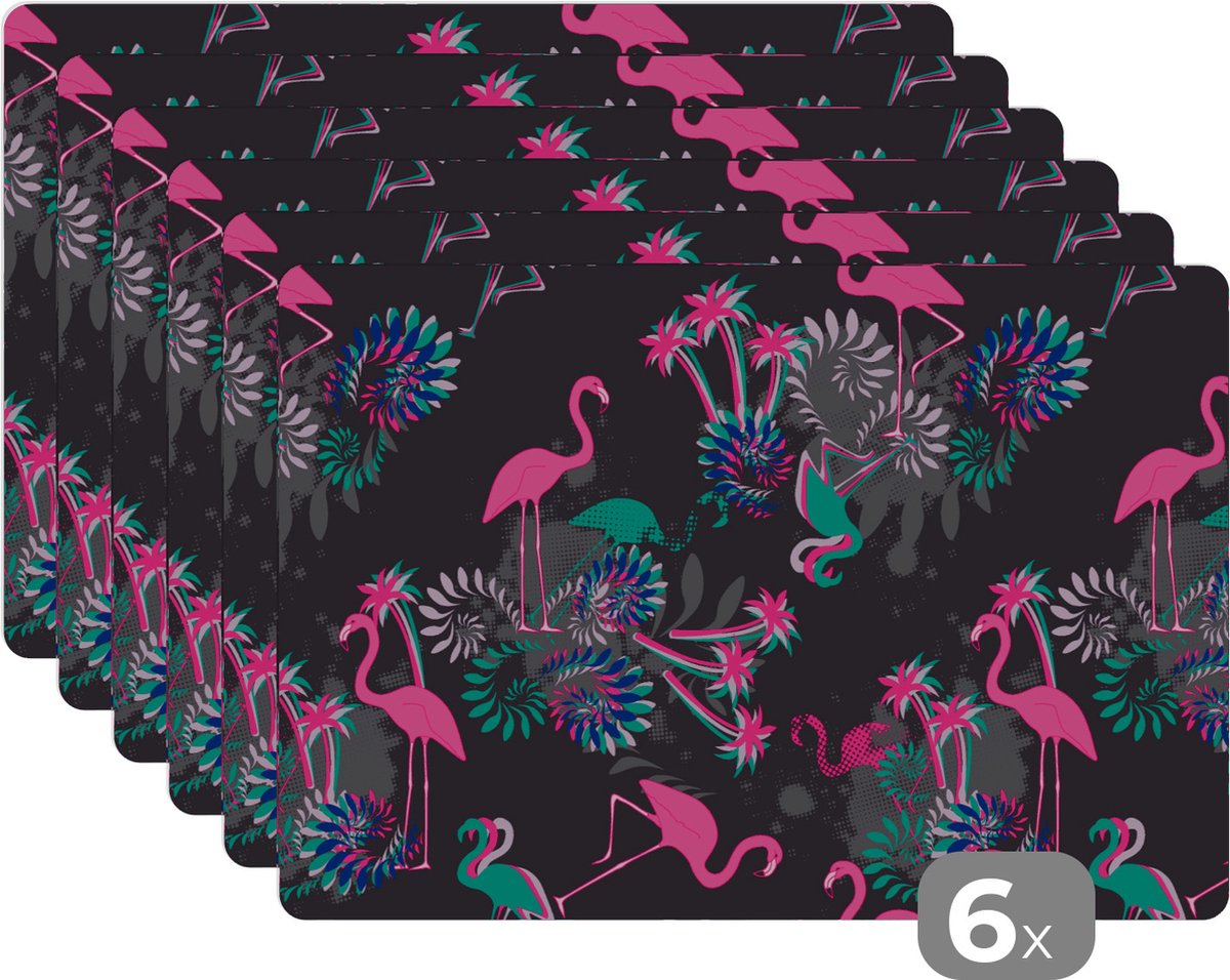 Placemat - Placemats kunststof - Flamingo - Patroon - Roze - Jungle - 45x30 cm - 6 stuks - Hittebestendig - Anti-Slip - Onderlegger - Afneembaar