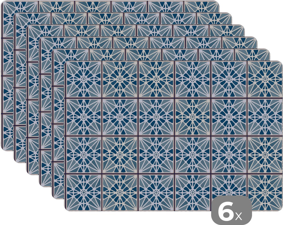 Placemat - Placemats kunststof - Blauw - Patronen - Tegels - 45x30 cm - 6 stuks - Hittebestendig - Anti-Slip - Onderlegger - Afneembaar