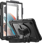 Hoes met ingebouwde Screenprotector Geschikt voor Samsung Galaxy Tab A8 | Inclusief 360° Draaibare Handriem en Schouderriem | Extreme bescherming | Ideaal voor zakelijk gebruik | Zwart