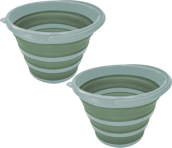 Set van 2x stuks schoonmaak emmer opvouwbaar groen rond 32 x 25 cm 10 liter van kunststof- Schoonmaken - Schoonmaakemmer