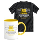 80 Jaar Legend T-shirt met mok giftset Geel | Verjaardag cadeau pakket set | Grappig feest shirt Heren – Dames – Unisex kleding | Koffie en thee mok | Maat 3XL