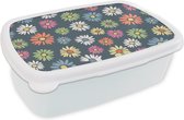 Broodtrommel Wit - Lunchbox - Brooddoos - Regenboog - Design - Bloemen - Flora - 18x12x6 cm - Volwassenen