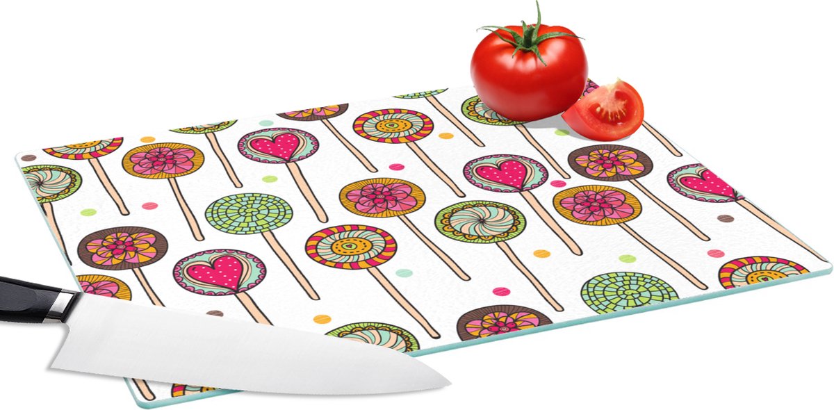 Glazen Snijplank - 39x28 - Patroon - Lolly - Hartjes - Snoep - Snijplanken Glas