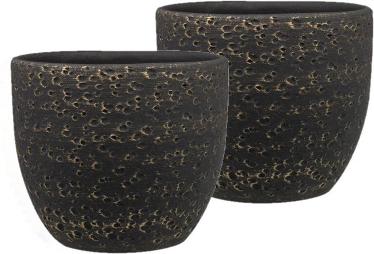 Ter Steege Plantenpot/Bloempot Lava Stone - Set van 2x stuks - zwart - D15 x H13 cm - binnen