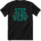 Stop and game | Gaming kado T-Shirt heren - dames | Petrol | Perfect game pc cadeau shirt | Grappige console spreuken - zinnen - teksten Maat XL