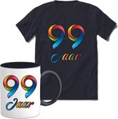 99 Jaar Vrolijke Verjaadag T-shirt met mok giftset Zwart | Verjaardag cadeau pakket set | Grappig feest shirt Heren – Dames – Unisex kleding | Koffie en thee mok | Maat L