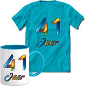 41 Jaar Vrolijke Verjaadag T-shirt met mok giftset Blauw | Verjaardag cadeau pakket set | Grappig feest shirt Heren – Dames – Unisex kleding | Koffie en thee mok | Maat 3XL