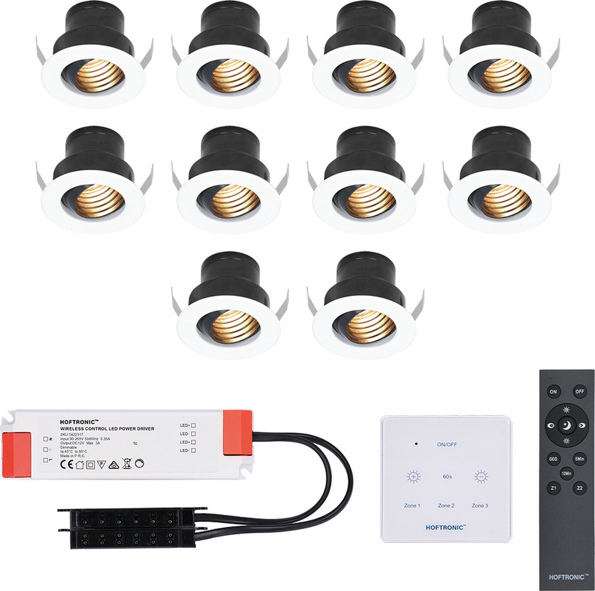 Set van 10 Medina - Mini LED Inbouwspot - 12V 3W - Wit - Dimbaar - Kantelbaar & verzonken - Verandaverlichting - Incl. Muurdimmer - IP44 voor buiten - 2700K - Warm wit
