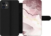 Bookcase Geschikt voor iPhone 11 telefoonhoesje - Marmer print - Roze - Lijn - Met vakjes - Wallet case met magneetsluiting