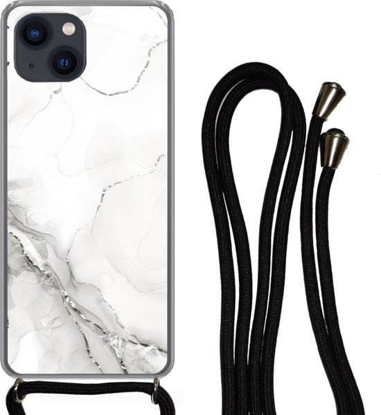 Cordon de téléphone - Chaîne de téléphone - Coque avec cordon iPhone 13 Mini - Marbre - Wit - Motifs - Siliconen - Bandoulière - Coque de téléphone avec cordon