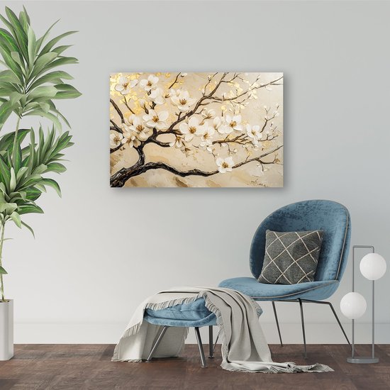 Elegante bloesemtakken met gouden accenten - Bloesem glazen schilderij - Wanddecoratie glas bloemen - Impressionisme - Acrylglas schilderij - Acrylkunst op glas - acrylglas 75x50 cm