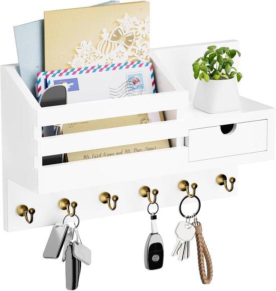 Echehi 6 haken wand sleutelhouder met plank, multifunctioneel zelfklevend roestbestendig metalen sleutelrek, sleutelhaakrek geschikt voor entree, keuken, kantoor, badkamer, woonkamer (wit