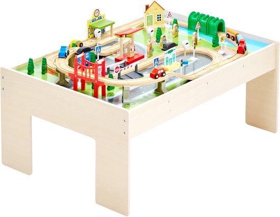 Treintafel met 84 kleurrijke onderdelen – multifunctionele houten activiteitentafel voor kinderen met opvouwbare opbergbak – 3-in-1 houten speelset voor spelen en tekenen