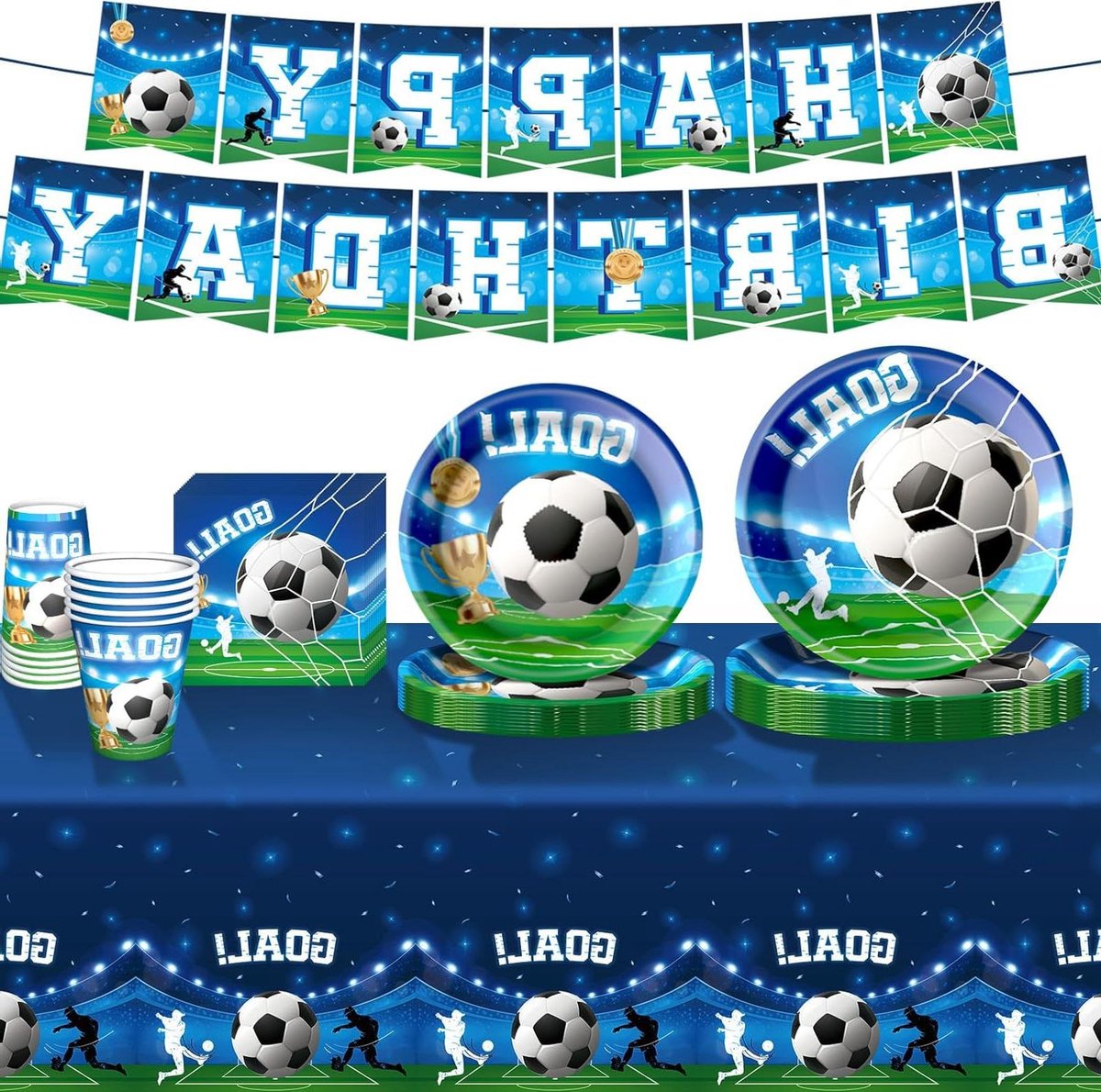 Allecto Plus - Verjaardag Voetbal Feestdecoratieset: 82-delig, Voetbalthema, Servies voor 20 Personen