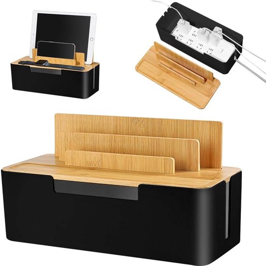 Relaxdays kabelbox bamboe voor 6-voudige stekkerdoos, deksel