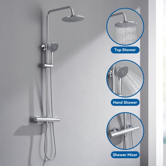 Auralum max Regendouche met Thermostaatkraan - Doucheset Chroom - Regendoucheset - Chroom Douchekolom met Thermostatische Mengkraan - 9 inch Douchekop