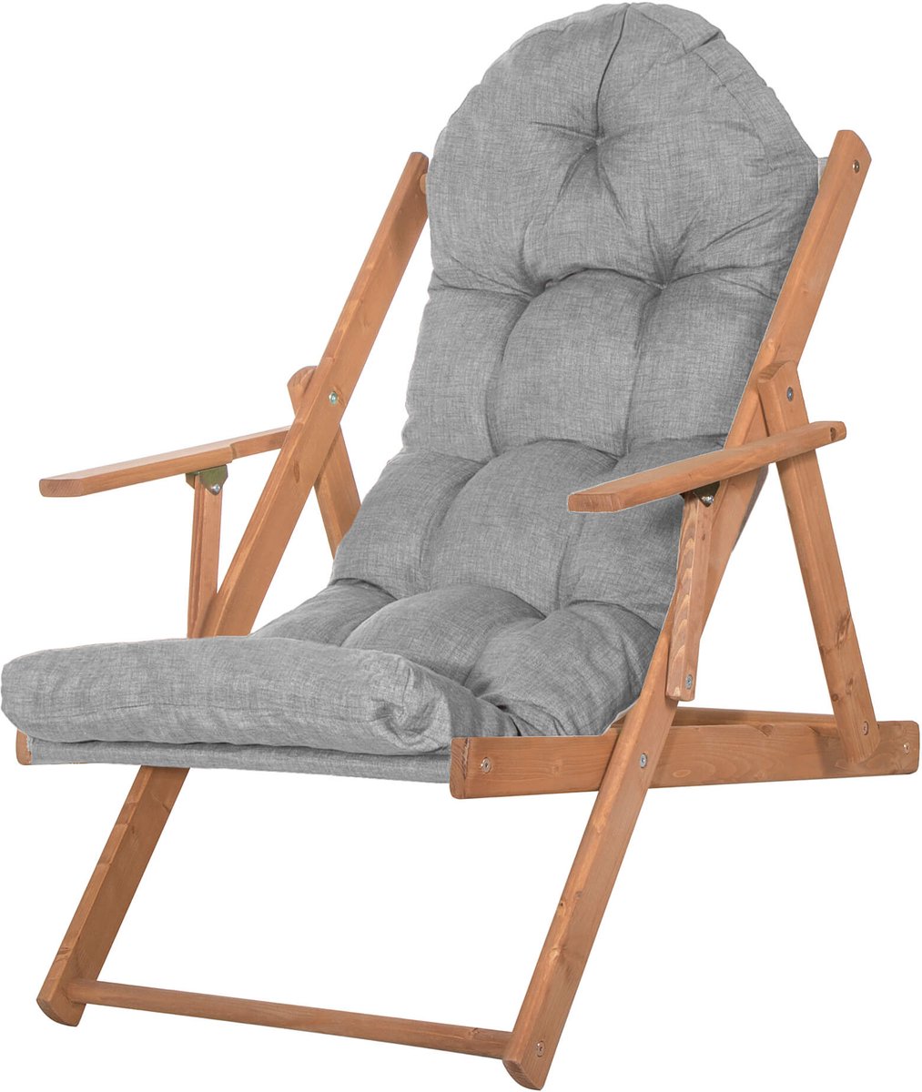 Springos Houten Ligstoel - Ligbed - Met Kussen - Verstelbaar - Weersbestendig - Grijs - Grenenhout - 90 x 71 x 103 Cm