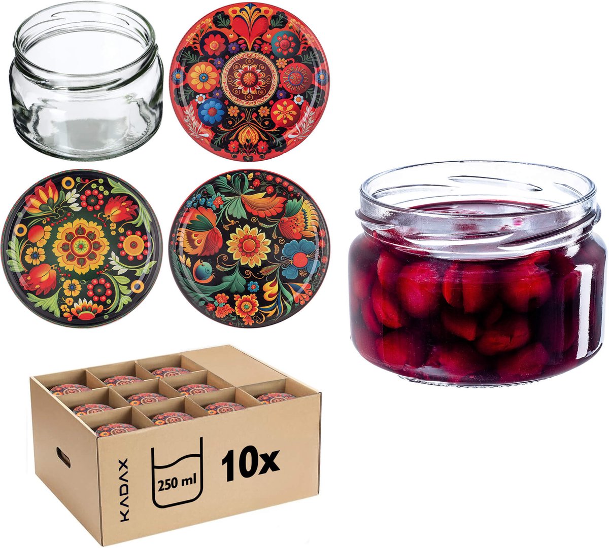 Denia Weckpotten 250ml 10st 82mm + Deksel "Borduurwerk met Bloemen"