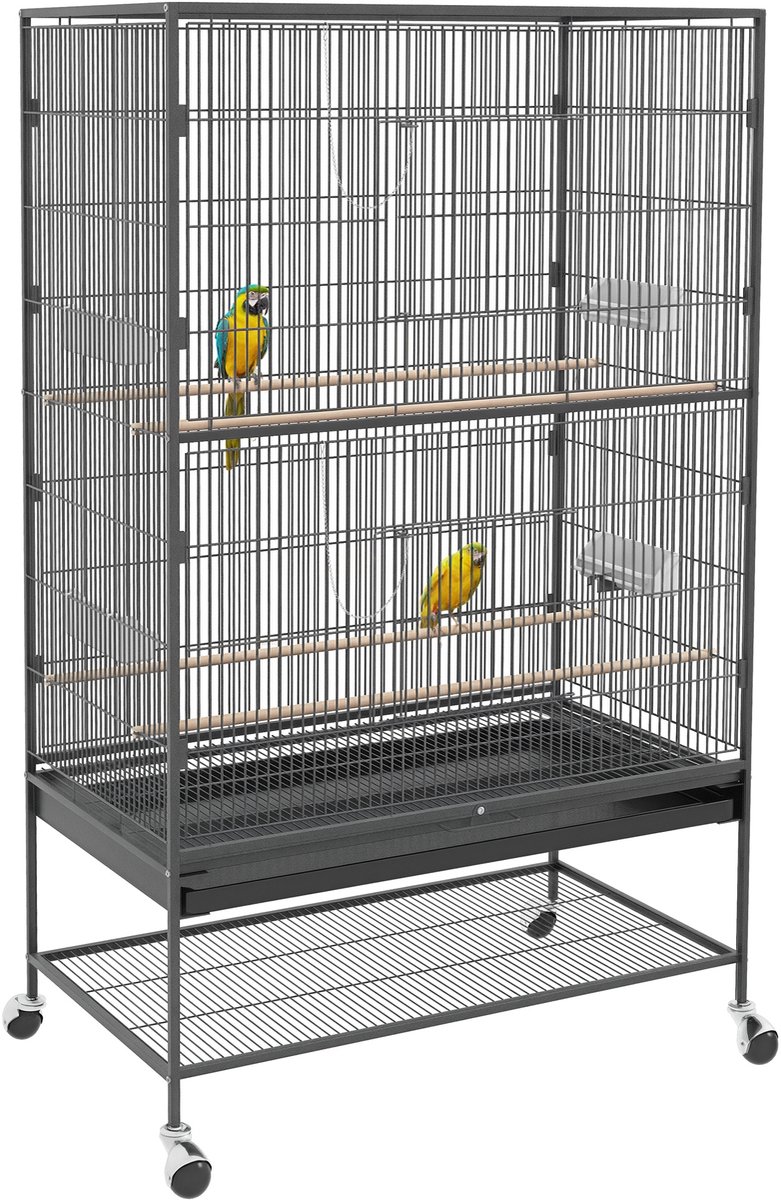PawHut vogelkooi - met zitstokken lade - legplank - wieltjes - grijs