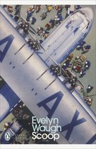 Boekcover van 'Scoop' door Evelyn Waugh met een illustratie van een groot blauw vliegtuig, type zilver, met 'LUX' erop geschreven. Mensen en bagage zijn zichtbaar rondom het vliegtuig.