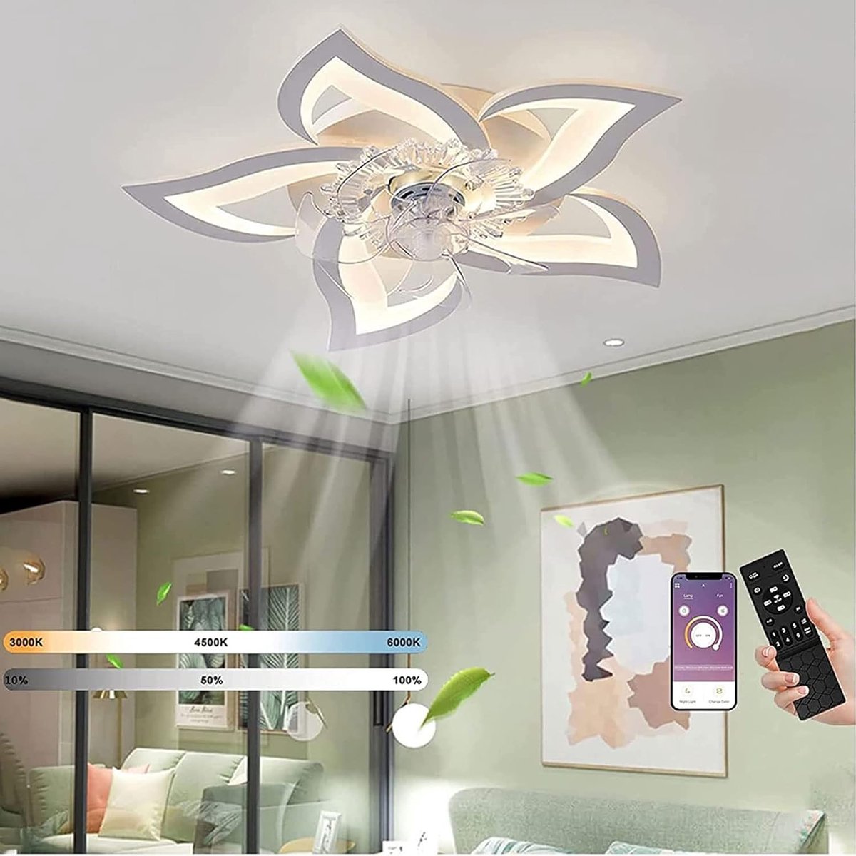 Haobosic - LED-plafondventilator met verlichting, 50W plafondlamp voor in de slaapkamer, met afstandsbediening en dimbare APP-lamp met acrylventilatorlampen voor woonkamer en keuken