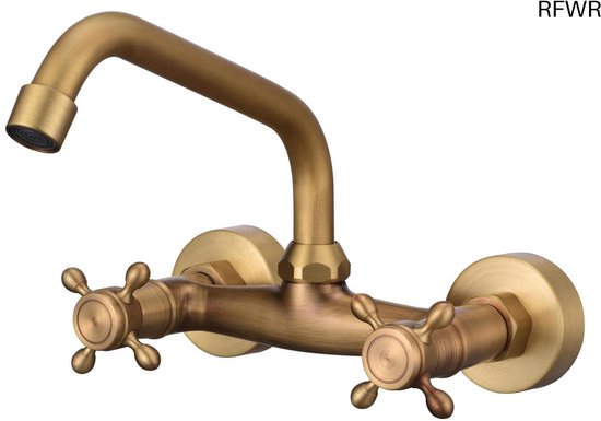 Chroom / Zwarte Keukenkraan Dubbele Handgrepen Warm Koud Water Keukenmixerkraan Aan De Muur Gemonteerd Dubbele Draaibare Uitloopveer Pull Down Kranen