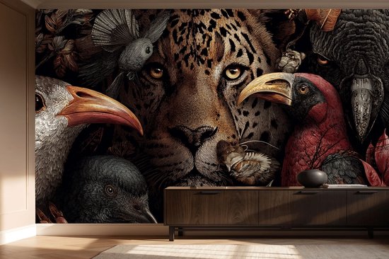 Vliesbehang Fotobehang - Jungle Majesty: Birds and Beasts - 250x150 centimeter