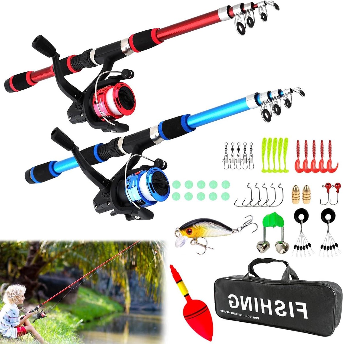 Allecto Plus - Hengelset voor kinderen - Telescopische hengel 180 cm - Draagbare hengel en rol - Vislijnaas - Visuitrustingtas voor kinderen - Reizen - 2 stuks