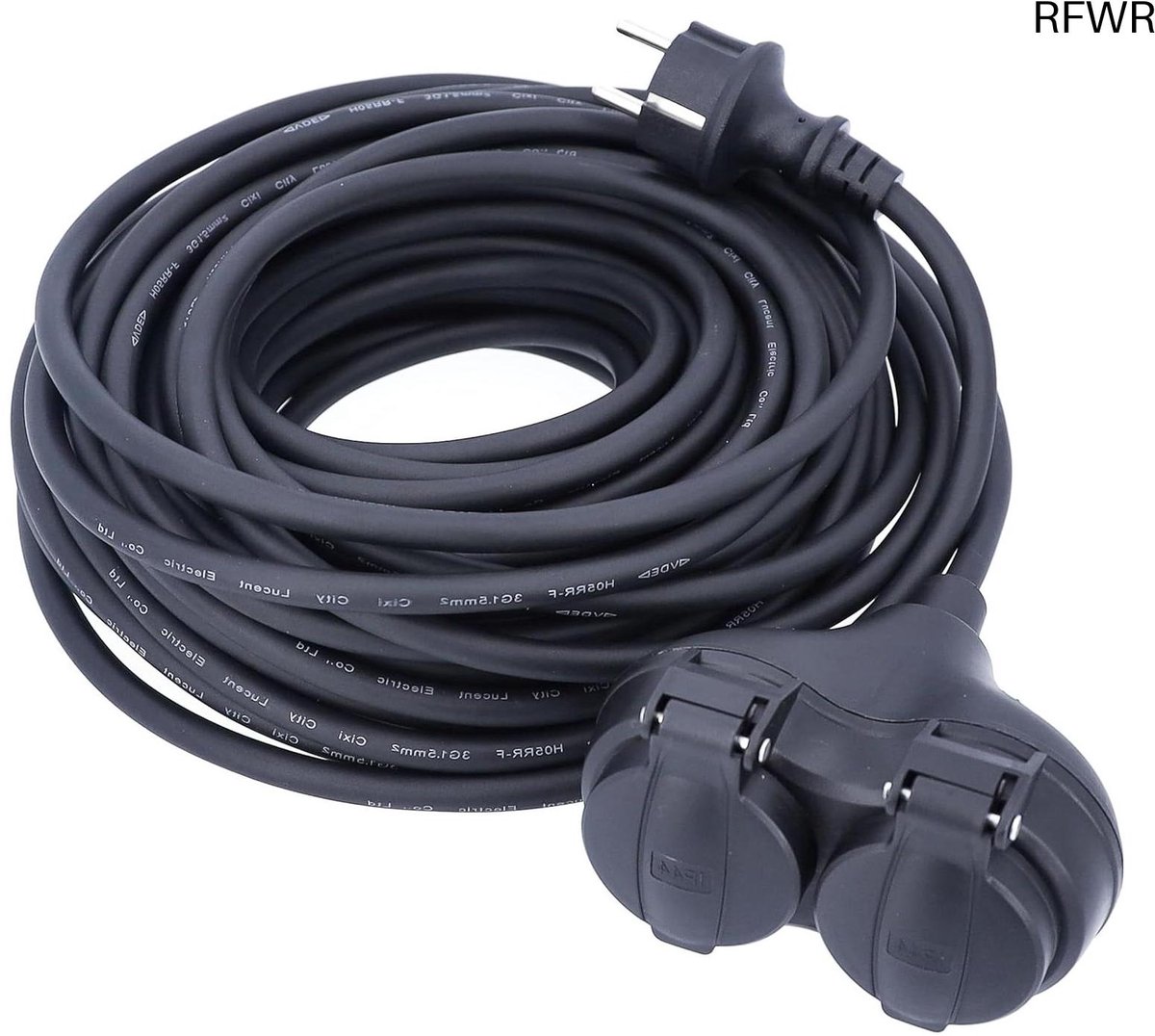 RFWR® Verlengkabel 20m met 2 Geaarde Stopcontacten en Beschermkap - 230V, 16A, Weerbestendig, IP44