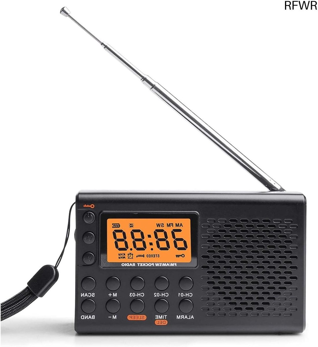 RFWR® Draagbare radio met batterijvoeding en lcd-display – FM, AM, SW met 35 voorinstellingen en alarmfunctie