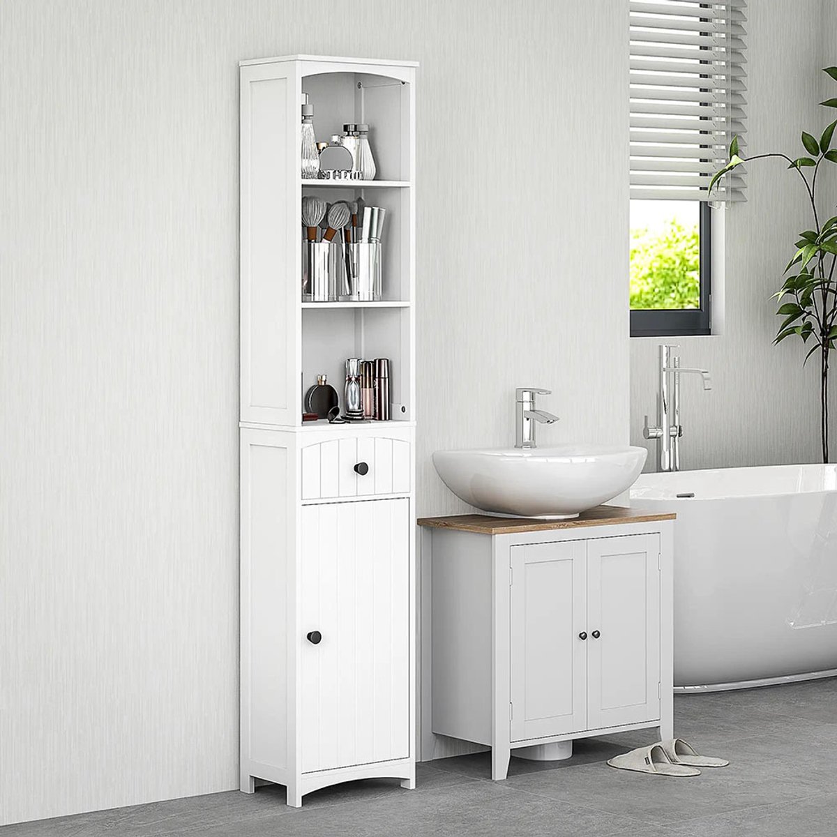 Sweiko Badkamerkast - Hoge kast - 3 legplanken - 1 lade - MDF - Wit
