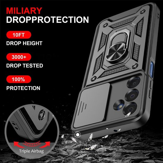 Zwarte Casemania telefoonhoes met ringhouder en camera schuifhoes. 'Military Drop Protection', 10FT, 3000+ drop tested.