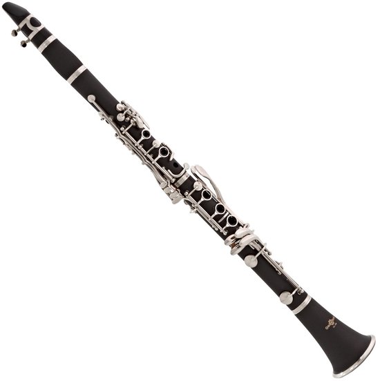 Zwarte klarinet van Gear4music met zilveren kleppen en ringen.